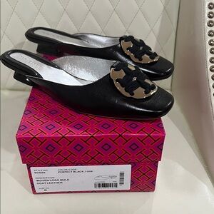 Tory Burch Woven T- LogoBlack Leather Mules with Gold Accent